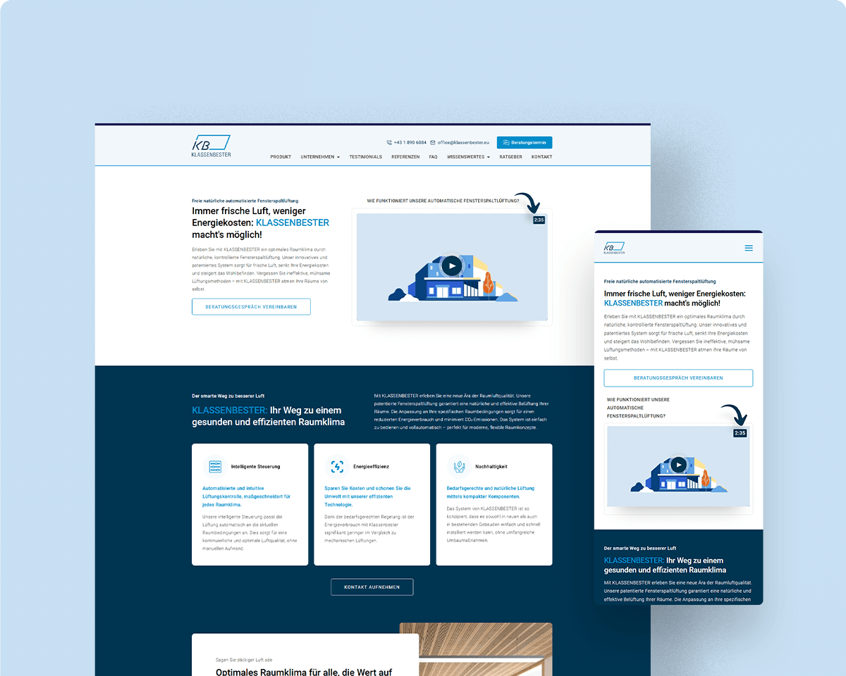 Startseite der Website von KLASSENBESTER mit Darstellung der automatisierten Fensterlüftung und responsivem Webdesign auf Desktop und Smartphone.