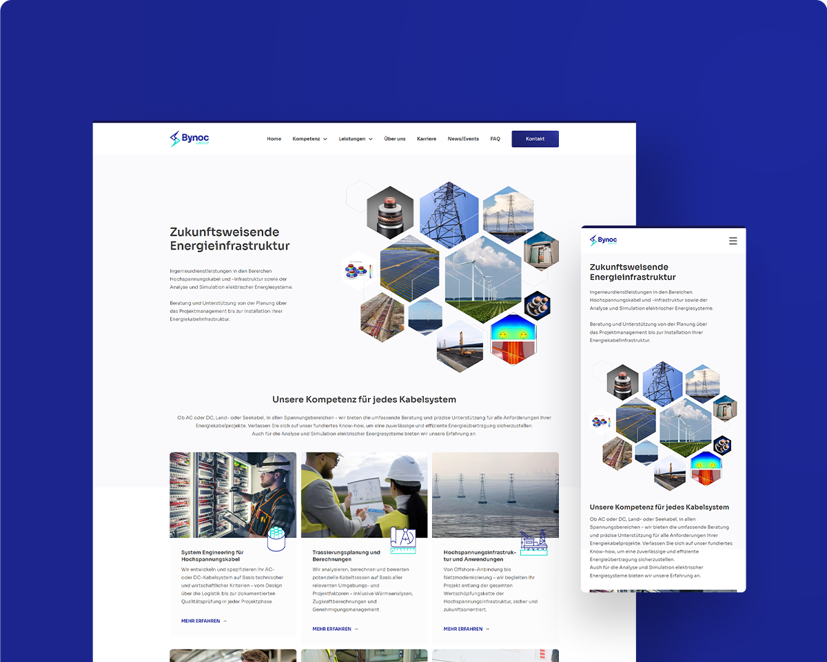 Webdesign für das Ingenieurbüro Bynoc mit hexagonaler Bildsprache und Fokus auf Energiekabelinfrastruktur.