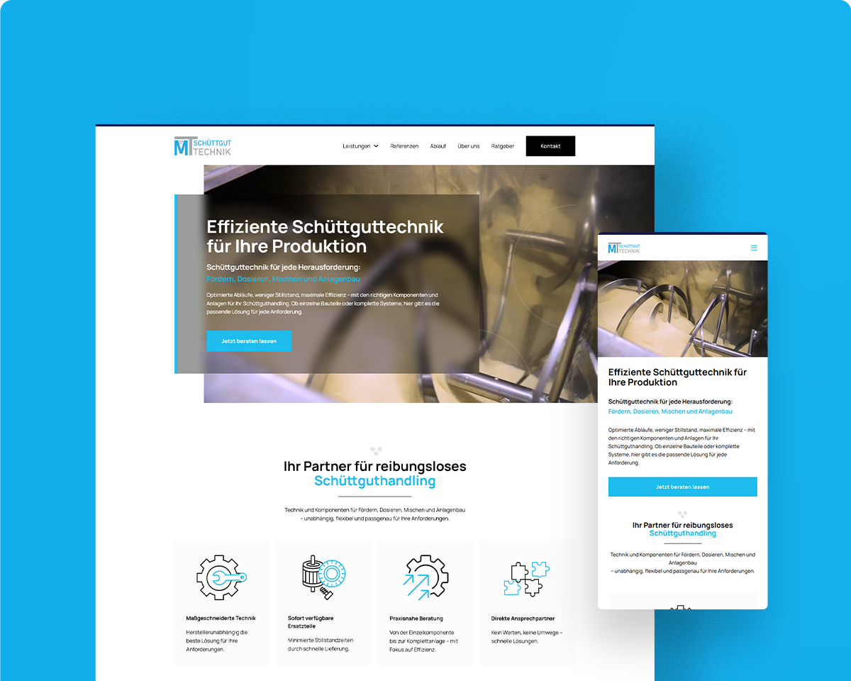 Startseite des Unternehmens MT Schüttguttechnik mit Webdesign im industriellen Stil, dargestellt auf Desktop- und Mobilansicht.