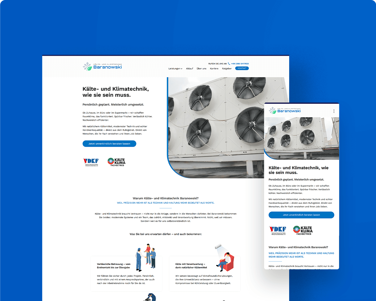 Webdesign für Fachbetrieb der Kälte- und Klimatechnik mit Desktop- und Mobilansicht der Startseite.