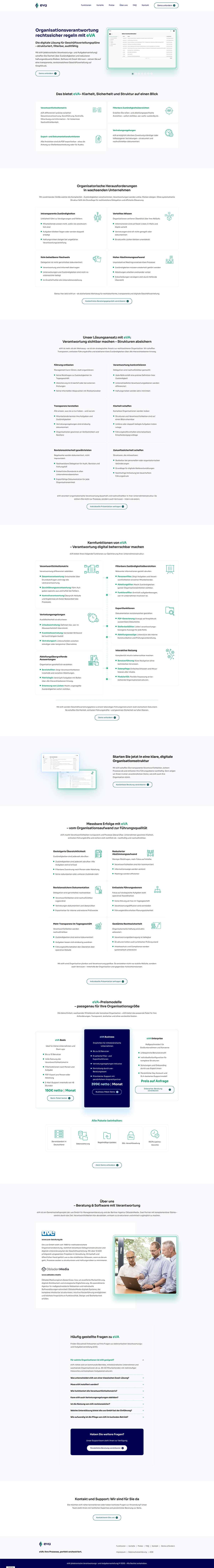 Webdesign der e-VA-Plattform in vollständiger Desktopansicht mit strukturierten Informationsmodulen.