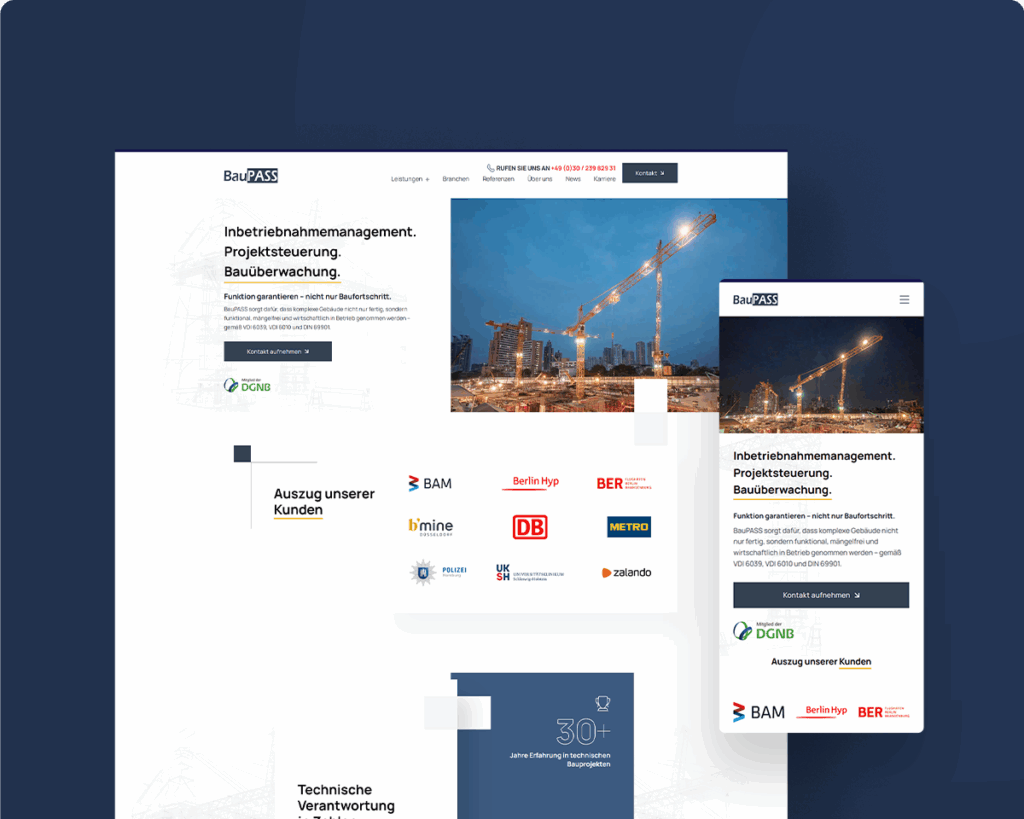 Webdesign für BauPASS mit Startseite und responsivem Layout für Desktop und Mobil.