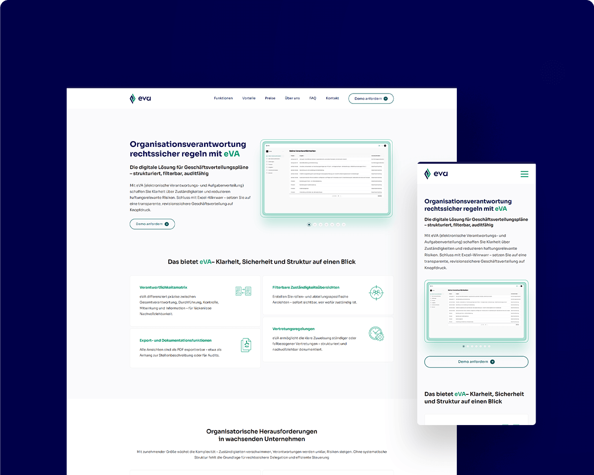 Webdesign der e-VA Website auf Desktop und Smartphone mit Fokus auf Klarheit und Struktur.