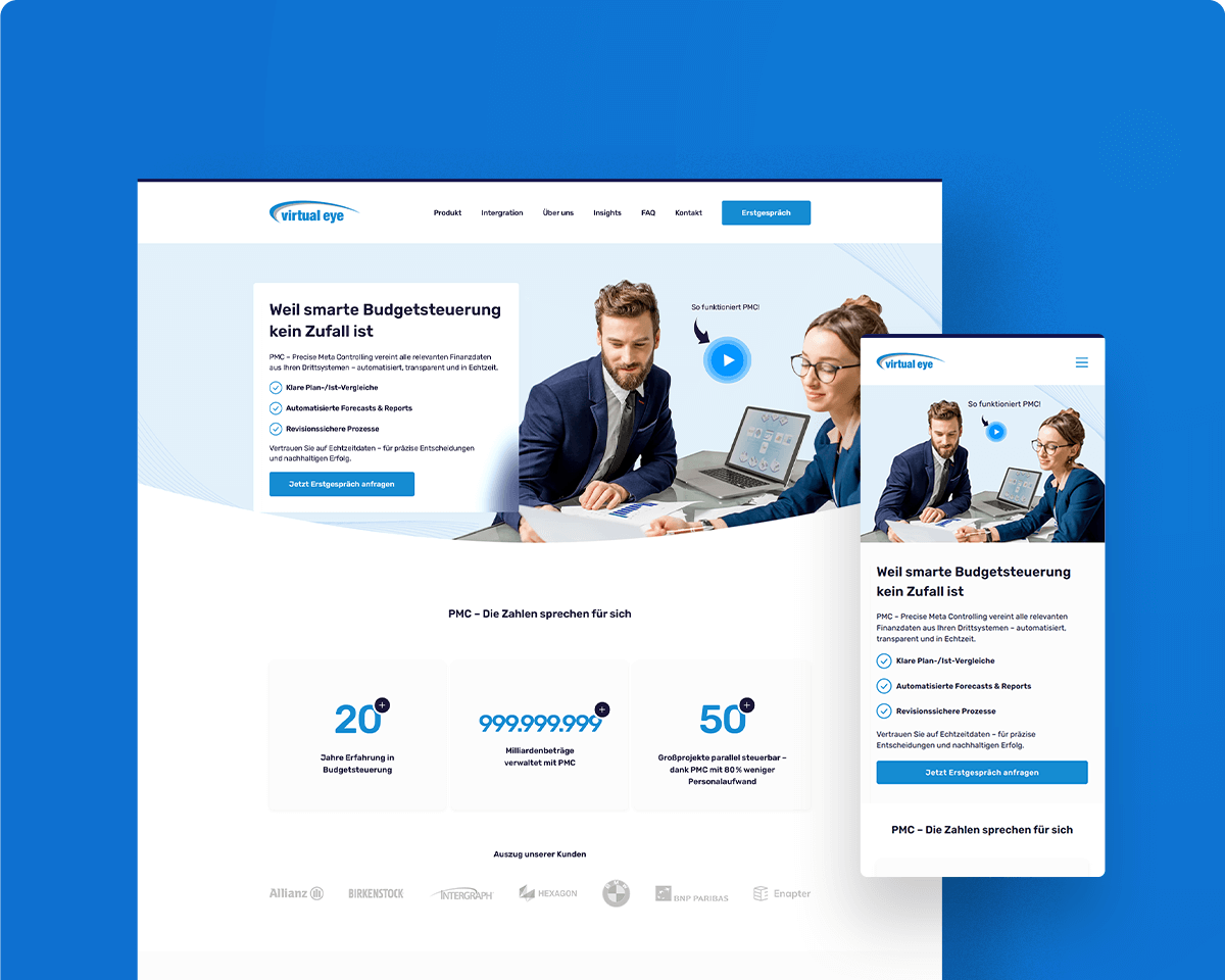 Modernes Webdesign für die Finanzsoftware Virtual Eye mit Desktop- und Mobilansicht der Startseite.