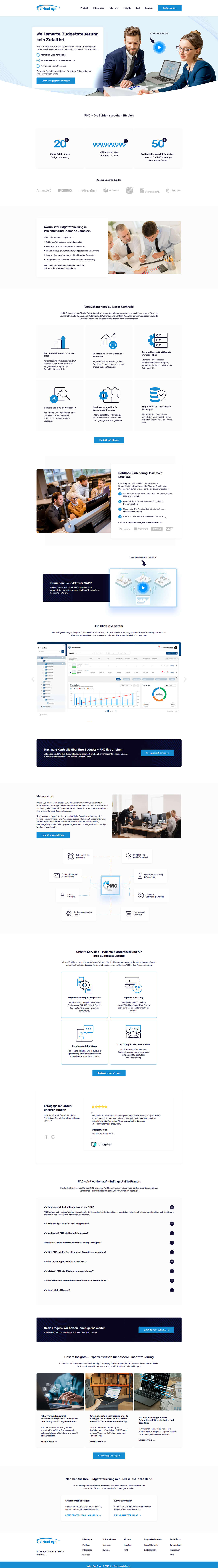 Webdesign der Desktop-Startseite von Virtual Eye mit Fokus auf Controlling-Software und strukturierter Informationsarchitektur.